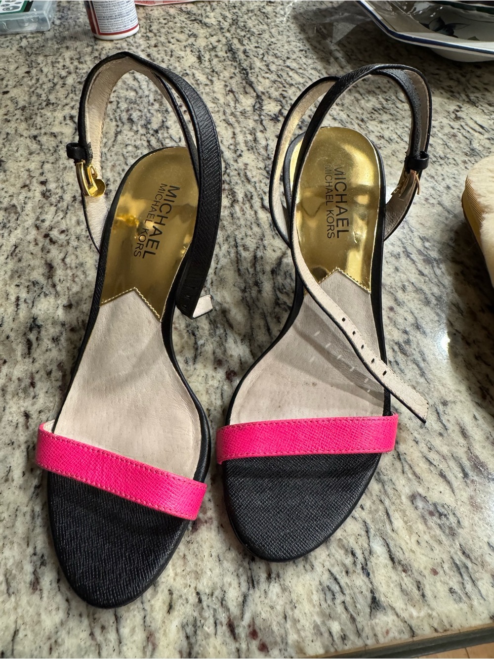 Michael Kors Black Slingback Heels with Bright Pink Front Strap